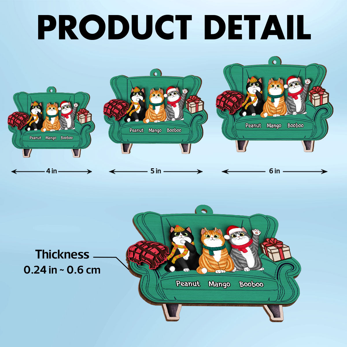 Christmas Cats On Sofa Personalized 2-Layer Wooden Ornament