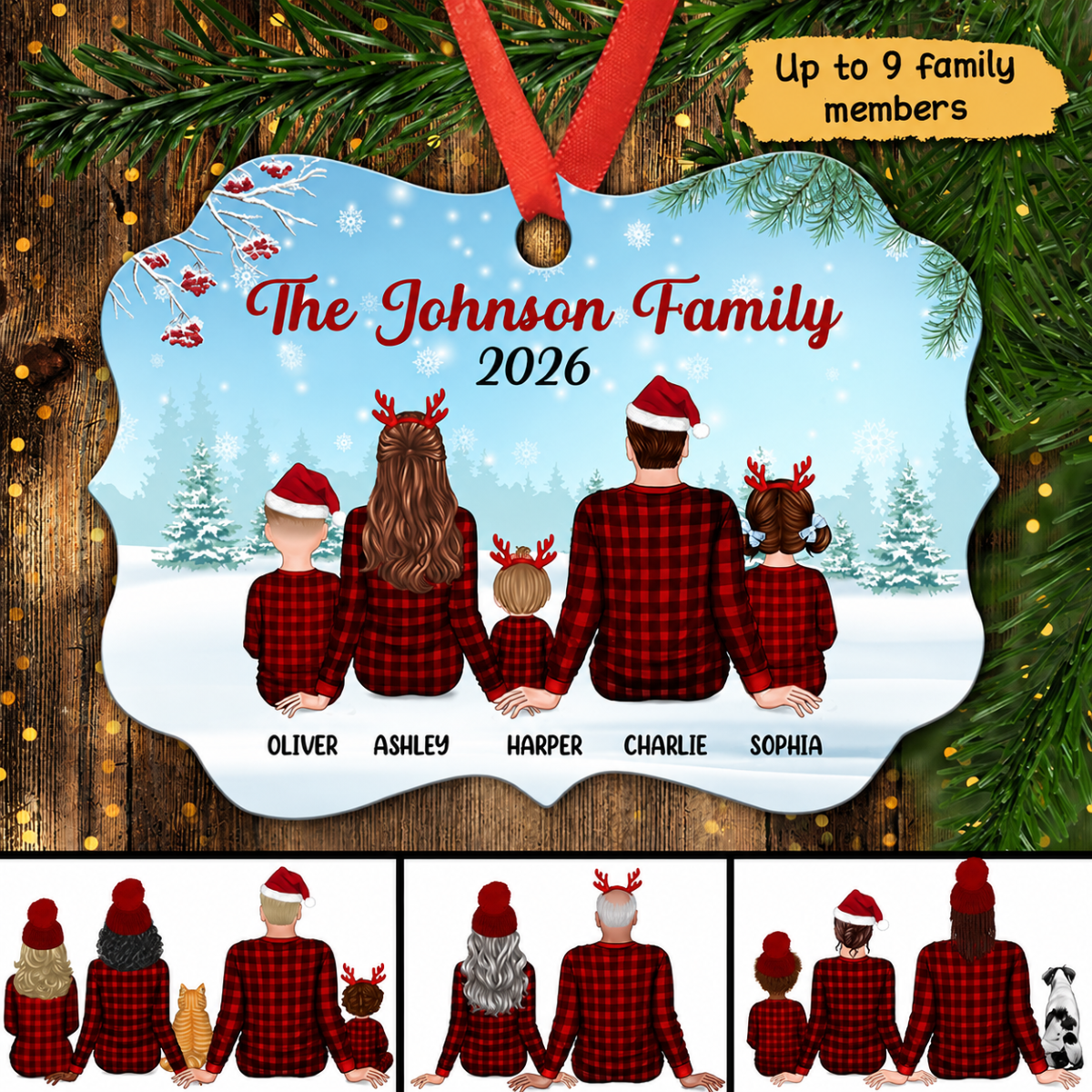 Checkered Pattern Pajamas Family Back View Personalized Christmas Ornament