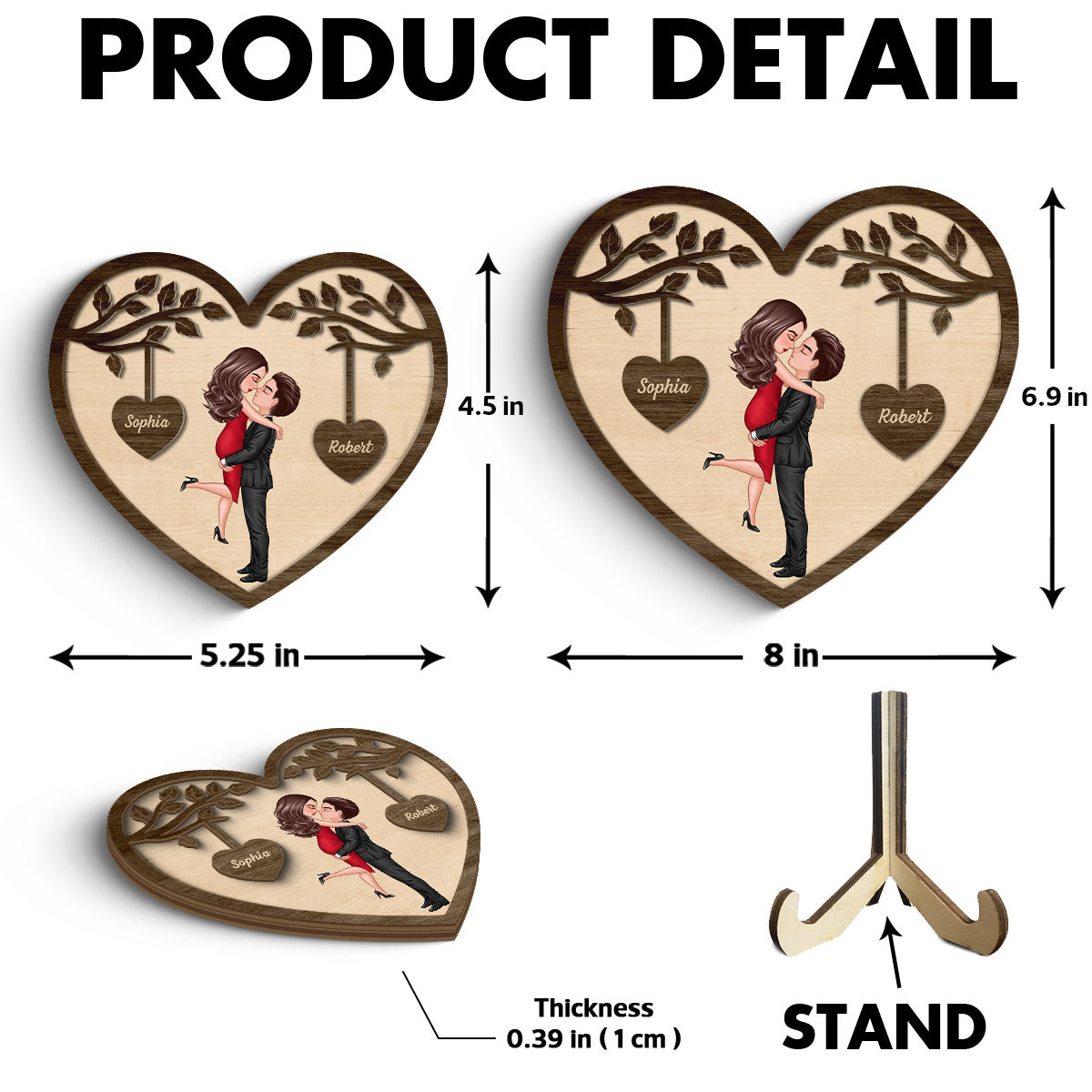 Couple Kissing Under Tree Valentine‘s Day Gift For Him Gift For Her Heart Shaped Personalized 2-Layer Wooden Plaque