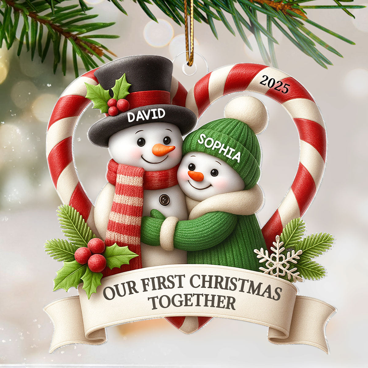 Snowman Couple - Personalized Acrylic Ornament - Christmas Gift for Couple