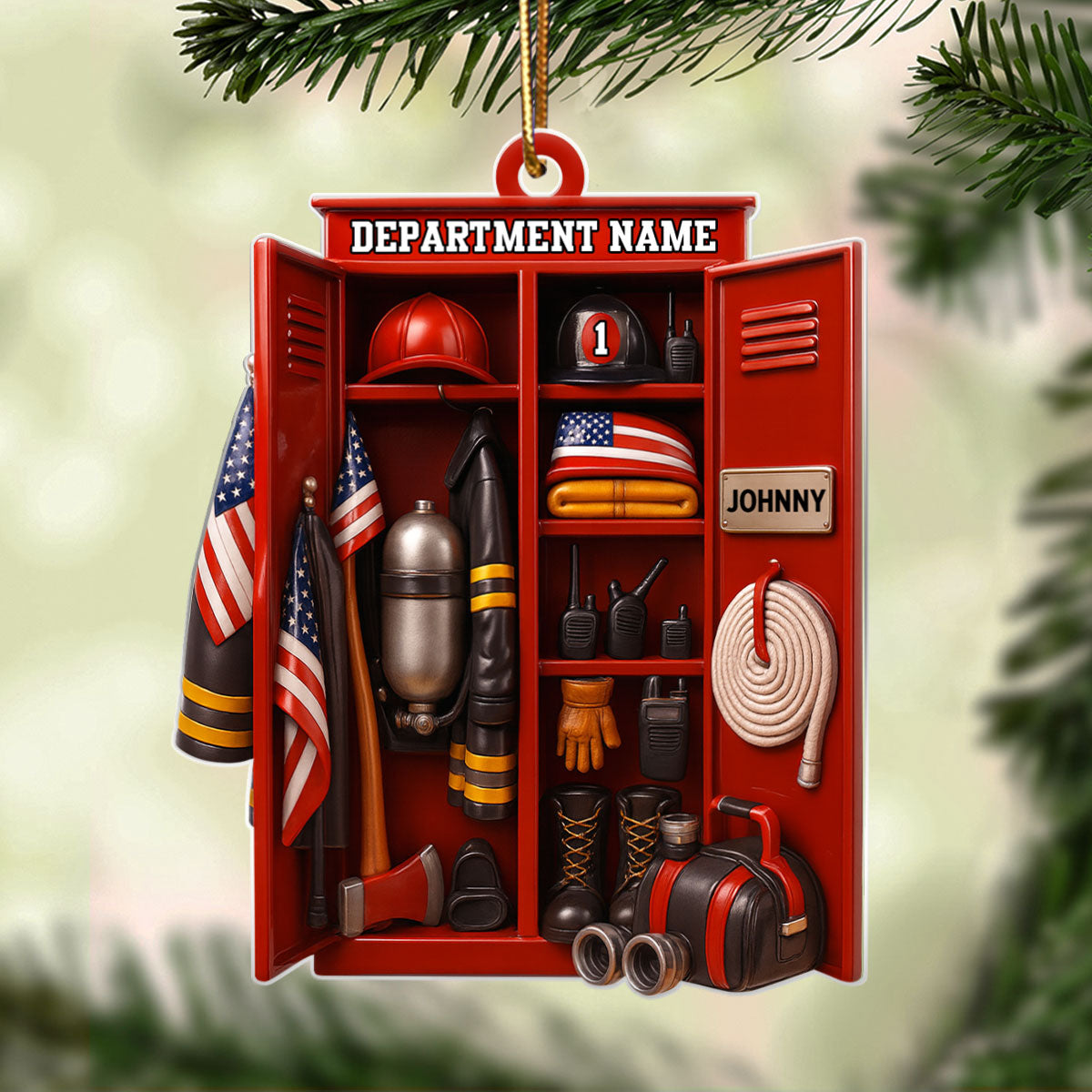 Custom Name & Department Firefighter Locker – Personalized Acrylic Ornament – Christmas Tree Decor for Firemen or First Responders