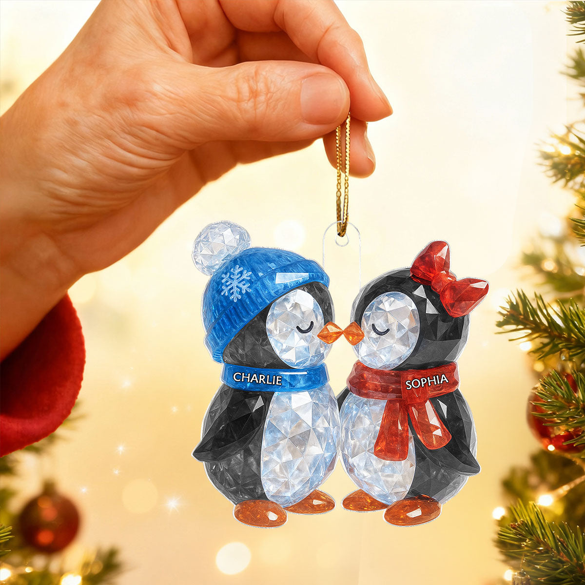 Christmas Penguins Couple 3D Crystal Effect Personalized Acrylic Ornament - Heartwarming Christmas Gift for Couple