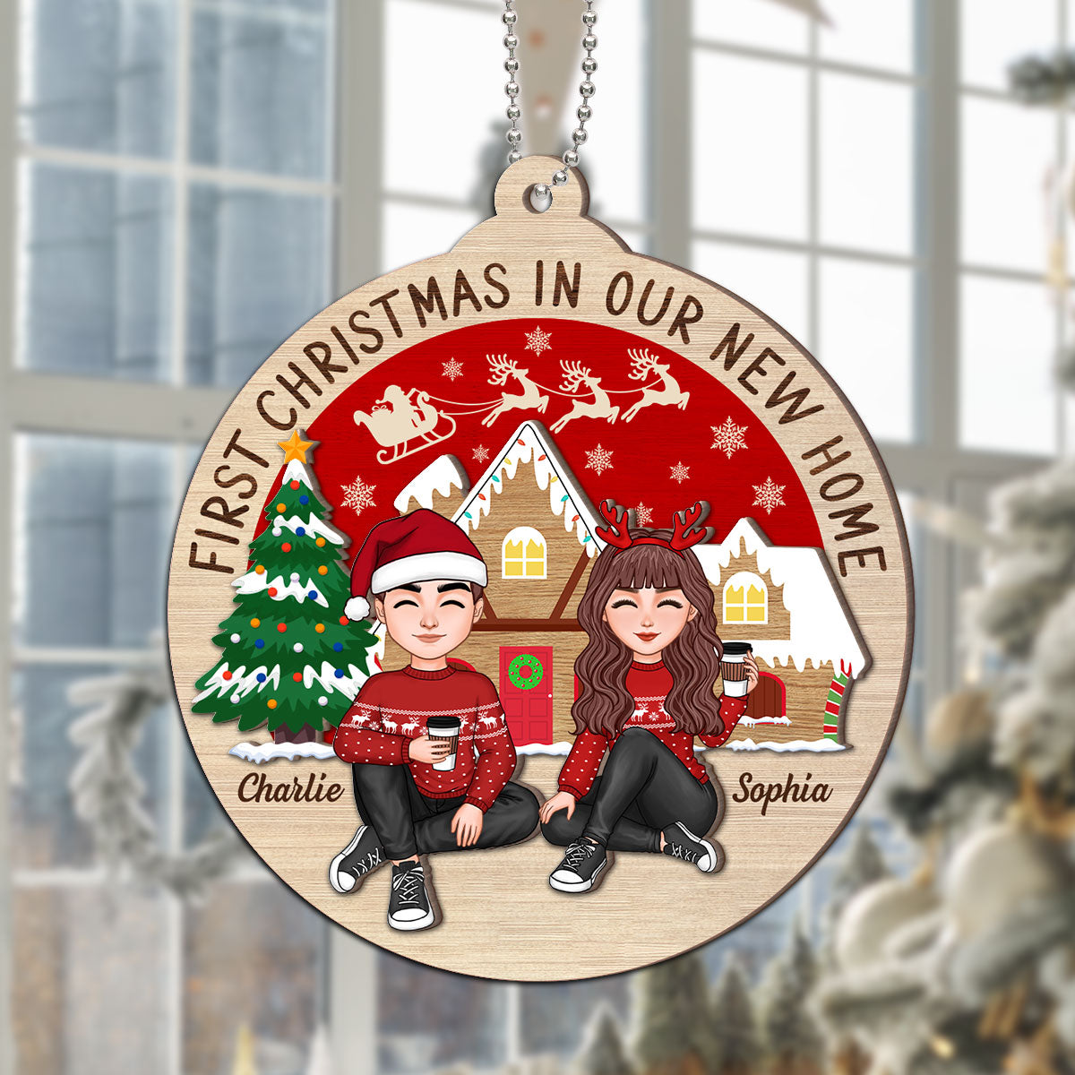 First Christmas In Our New Home Couple Sitting Personalized 2-Layer Wooden Ornament
