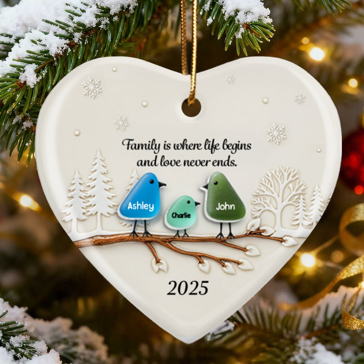 Family Birds Sea Glass Pattern - Personalized Ceramic Ornament With Acrylic - Heartwarming Festive Christmas Gift, Decor