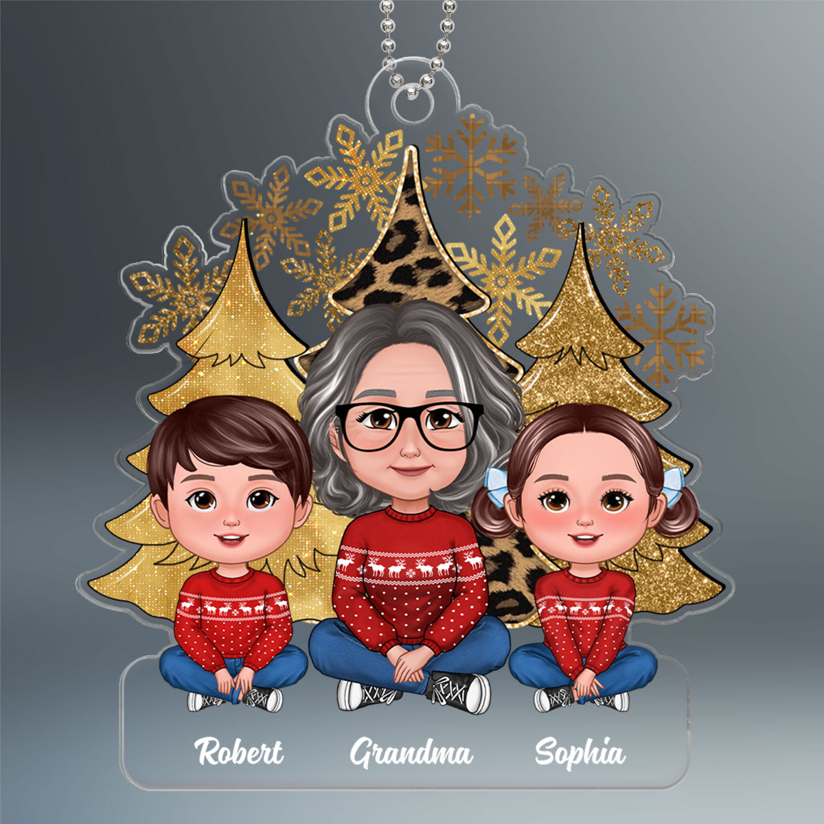 Leopard Christmas Tree Snowflakes Grandma Grandkids Crossed Legs Personalized Acrylic Ornament