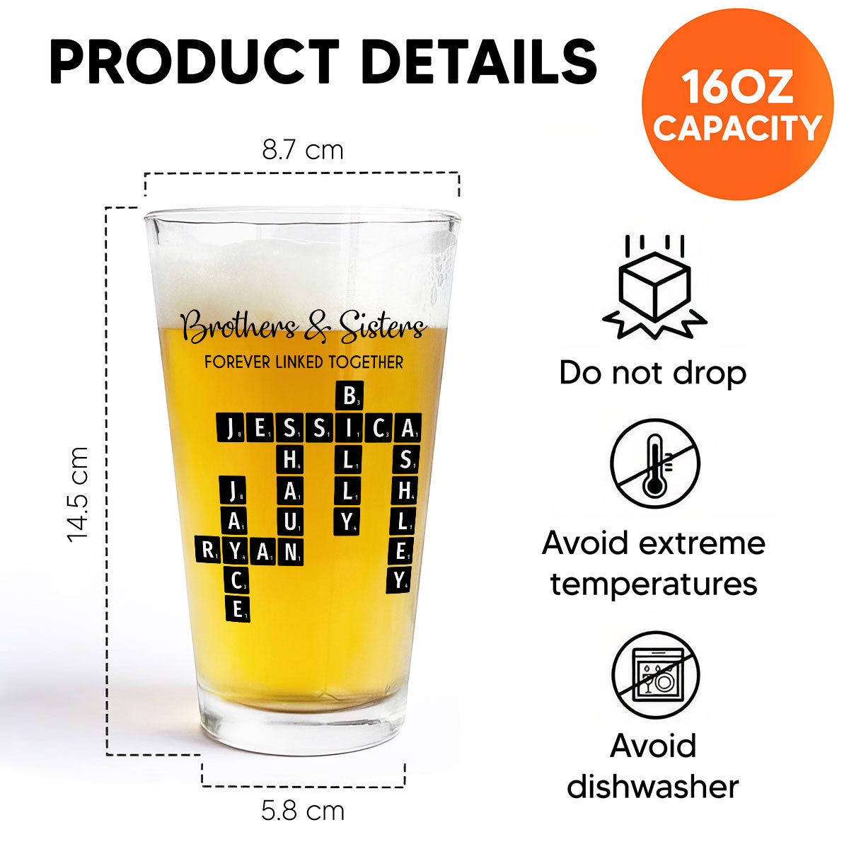 Brothers & Sisters Forever Linked Together Crossword Puzzle Art Personalized Beer Glass, Gift For Brothers, Sisters, Siblings, Family