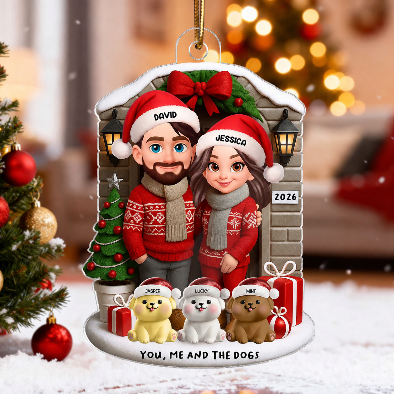 Joyful Couple And Dogs Cats Christmas - Personalized Acrylic Ornament