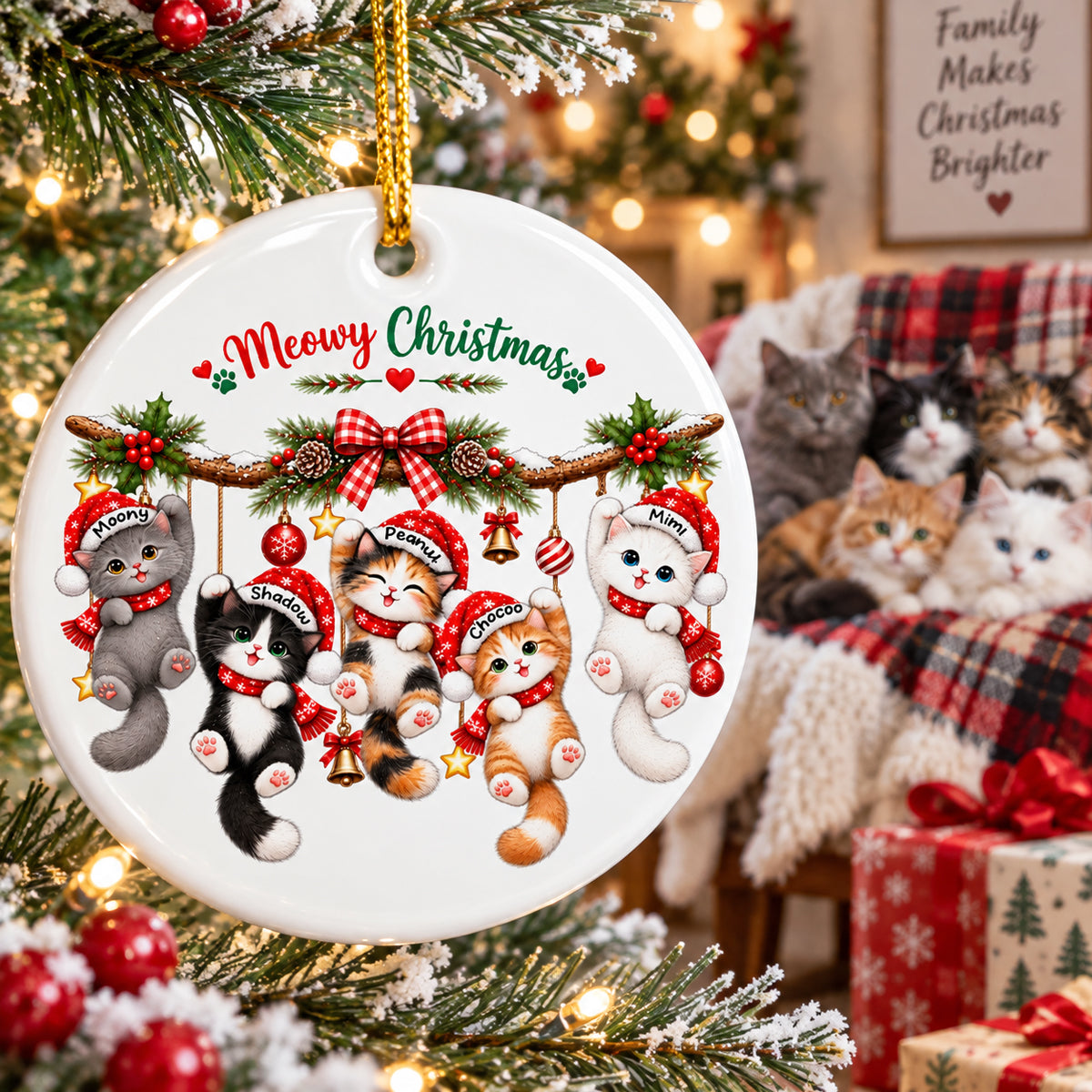 Meowy Christmas Cute Cats Hanging - Personalized Ceramic Ornament - Christmas Gift for Cat Lovers