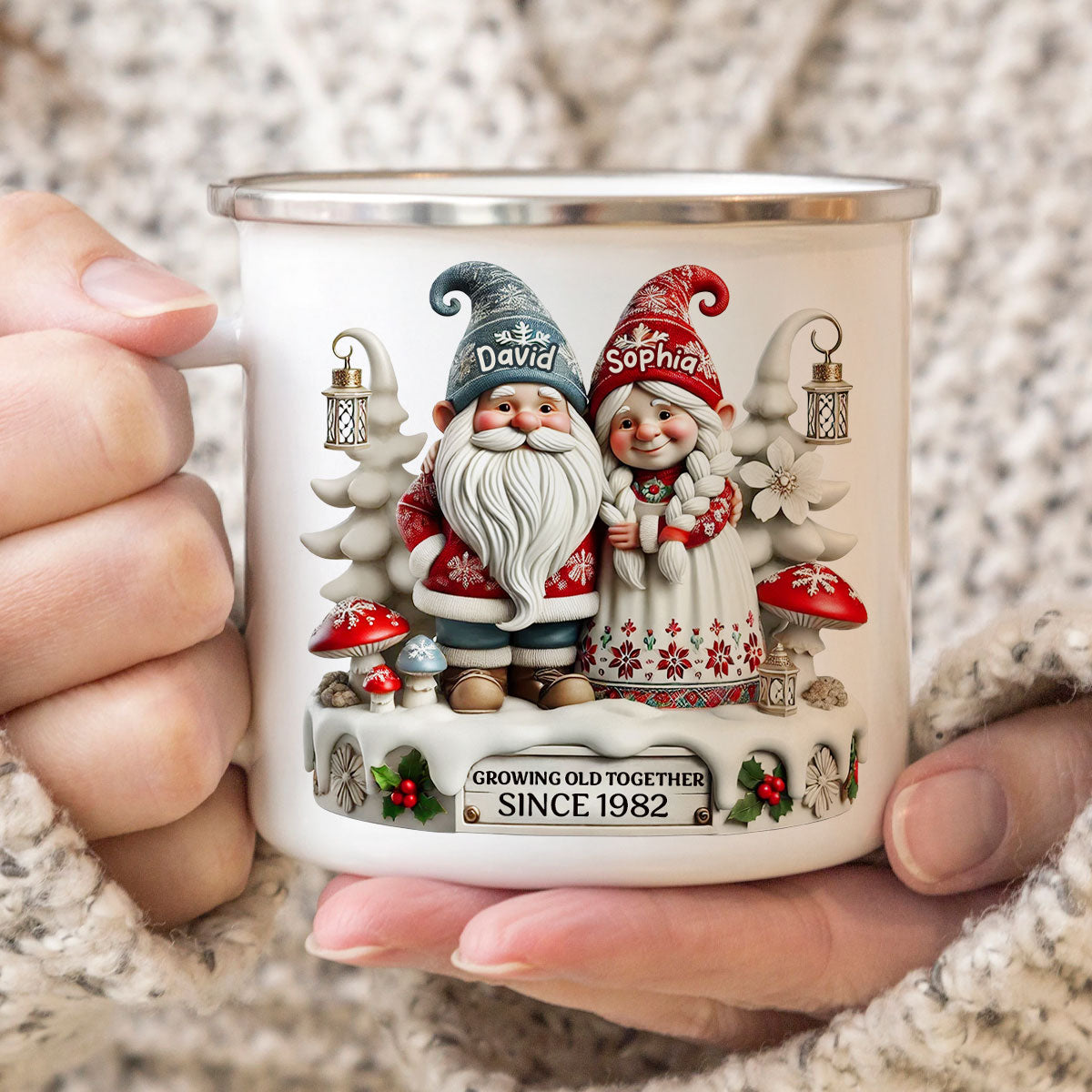 3D Effect Gnome Couple Together Christmas Personalized Campfire Mug, Heartfelt Gift For Couple, For Him, For Her, Husband, Wife