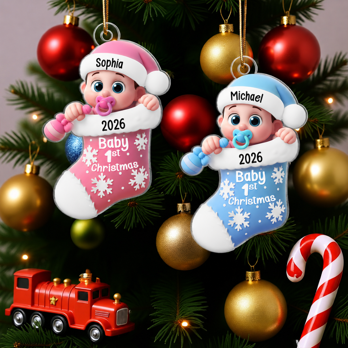 3D Effect Cute Cartoon Baby In Stocking Baby's 1st Christmas Personalized Acrylic Flat Ornament