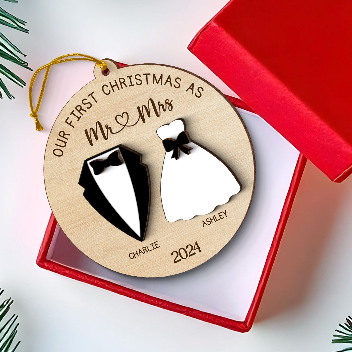 First Christmas Wedding Mr Mrs Personalized 3-Layer Wooden Ornament, Newlywed Gift Christmas Gift