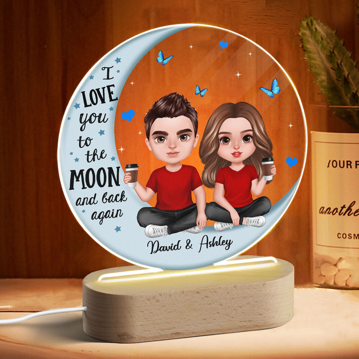 Doll Couple Sitting Realistic Blue Moon Personalized Circle Plaque LED Night Light