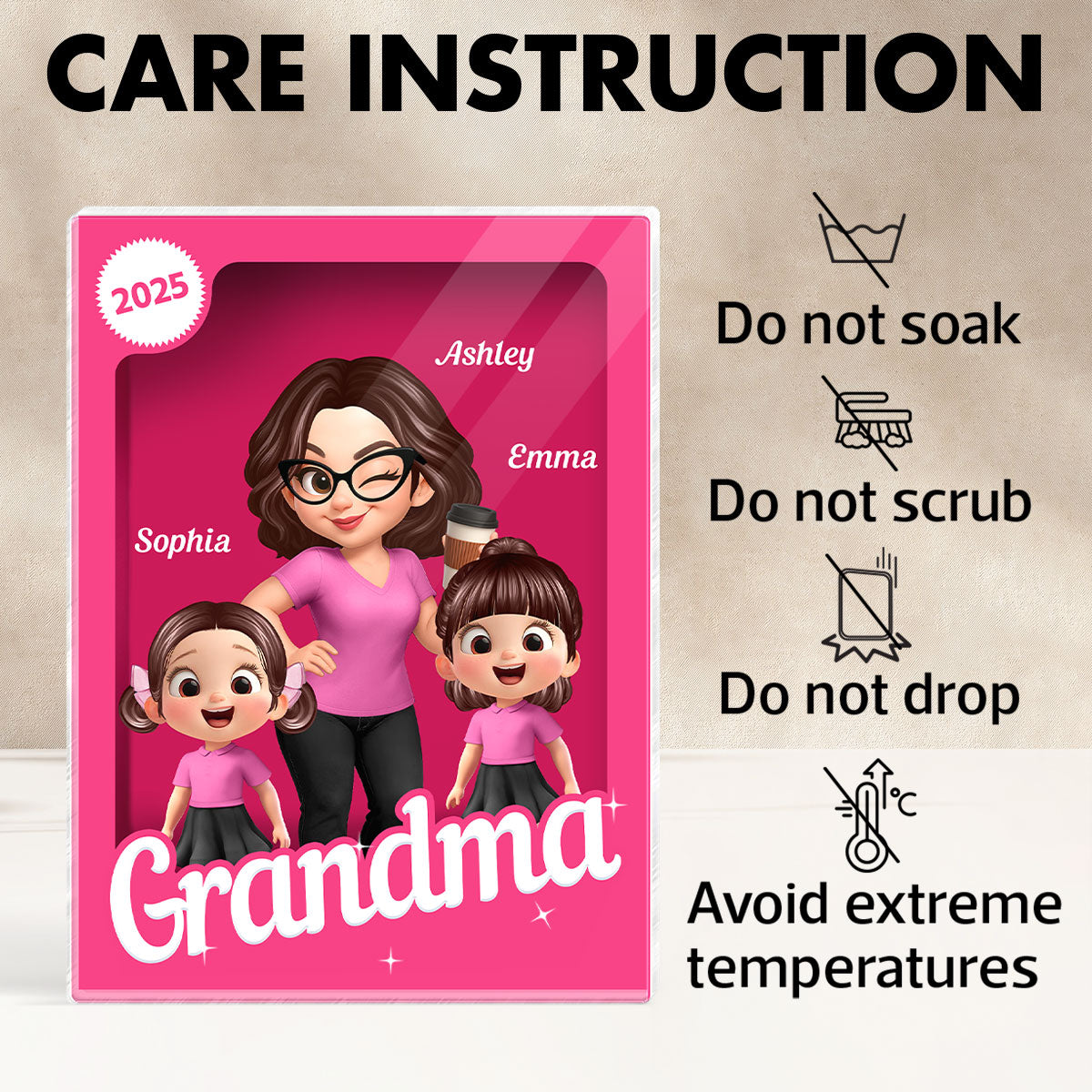 Grandma Grandkids 3D Effect Pink Action Figure Personalized Acrylic Block