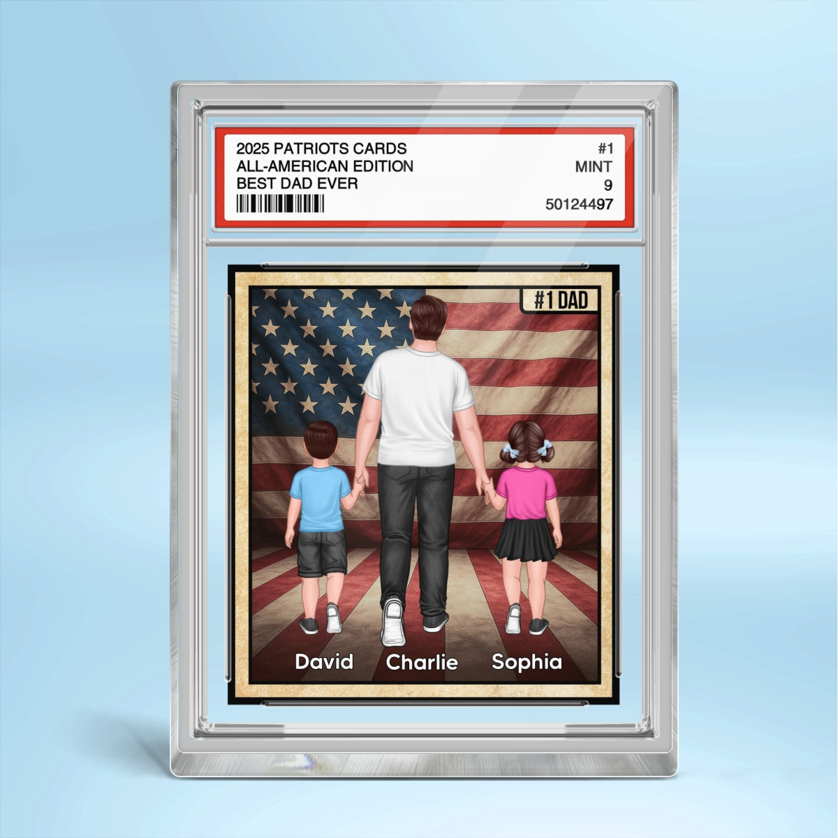 Nation Flag Dad & Kids Walking Patriotic Dad Trading Card Style Personalized Acrylic Block Plaque