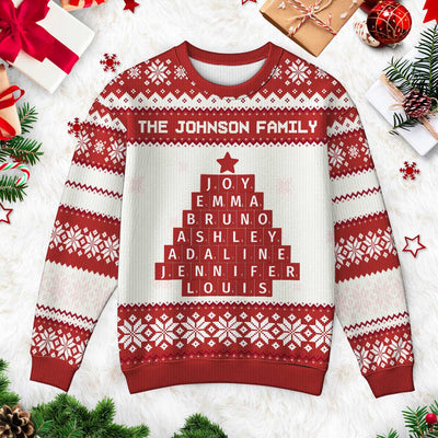 Unique Word Art Family Member Names Personalized Faux Knitting Ugly Sweater