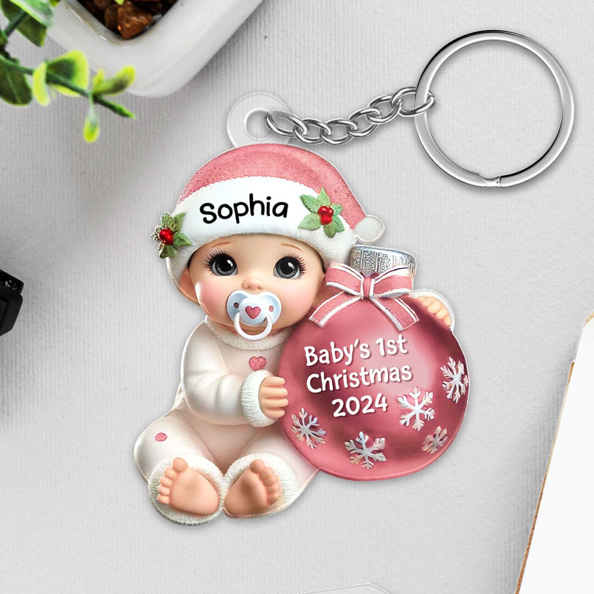 Baby Beside Christmas Bauble Baby's First Christmas Personalized Flat Acrylic Keychain