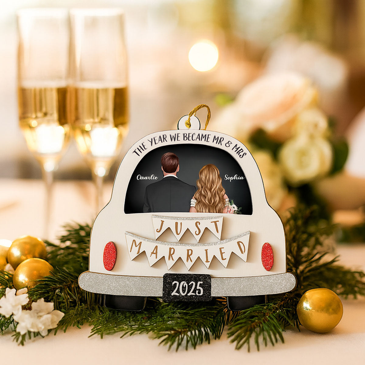 Groom & Bride In Car Personalized 2-Layer Wooden Ornament | Just Married Newlyweds Marriage Keepsake