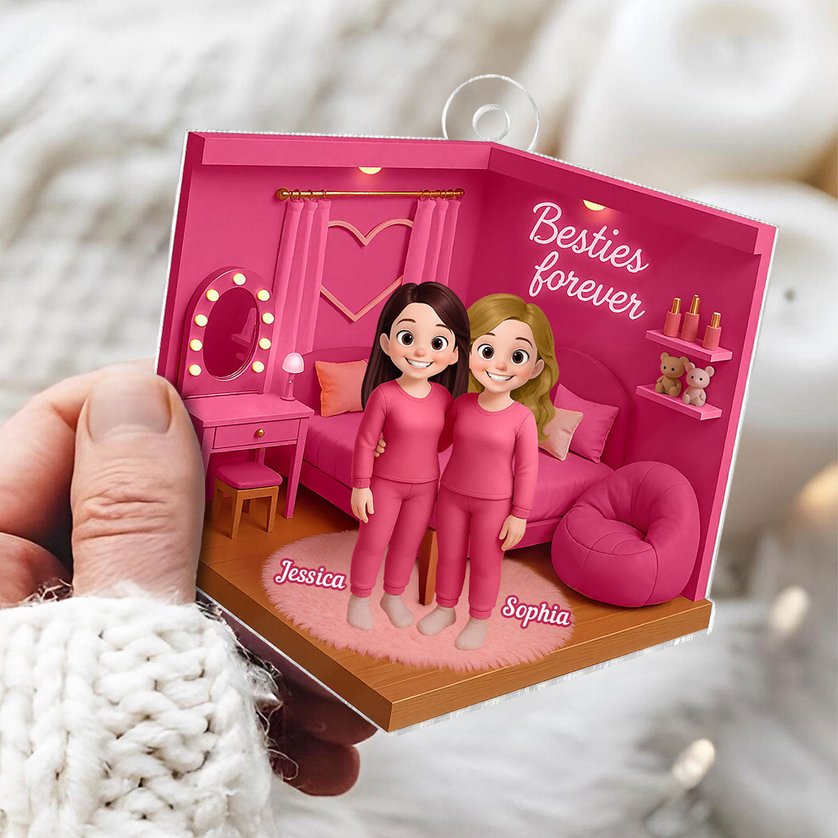 3D Effect Besties Pink Tone Diorama Dream Dollhouse Personalized Flat Acrylic Ornament, Keepsake