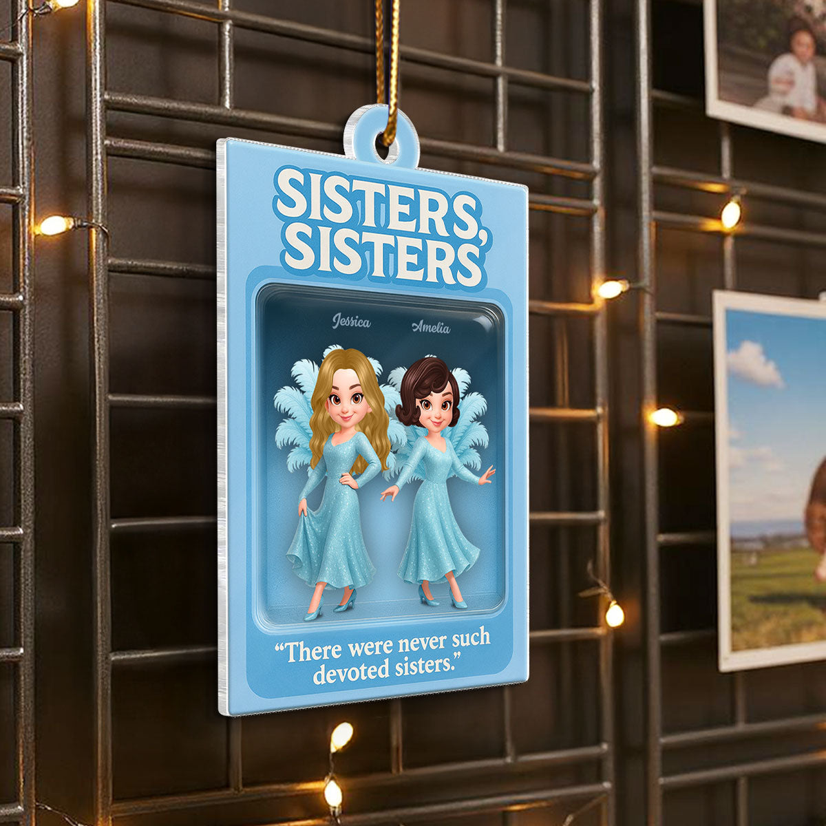 3D Effect Blue Dress Sisters Besties Inside Toy Box Personalized Acrylic Ornament