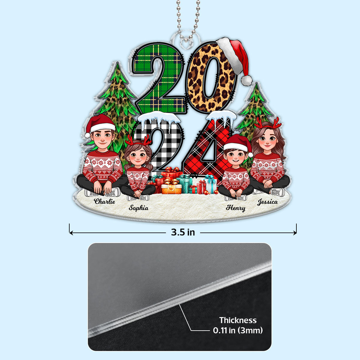 Christmas Animated Family Sitting 2024 Stacked Pattern Personalized Acrylic Ornament