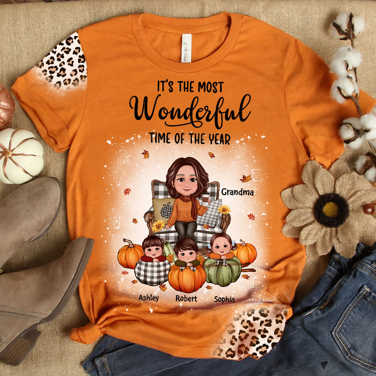 Grandma & Grandkids On Pumpkins Fall Season Theme With Leopard Pattern Personalized Shirt