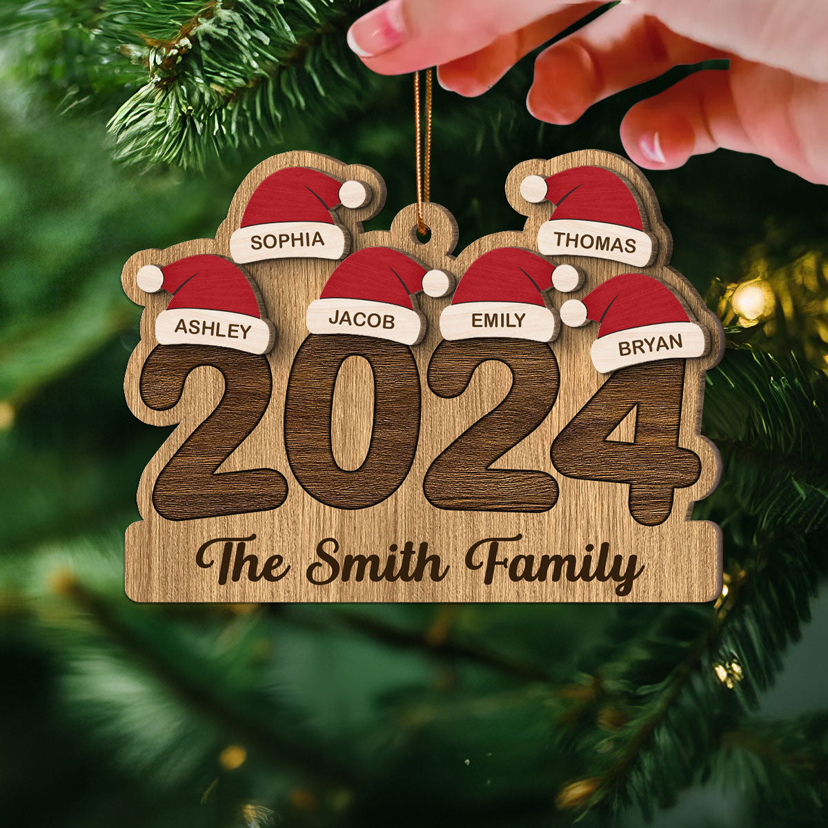 2024 Family Members Names Christmas Hat Personalized 2-Layer Wooden Ornament