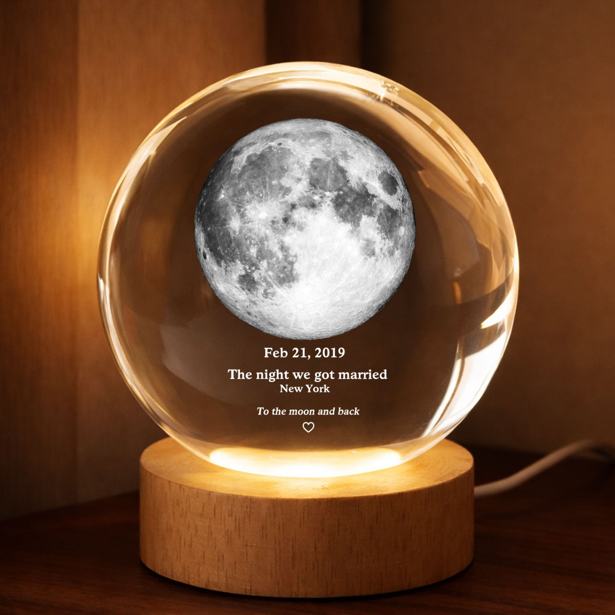 Couple Love to the Moon and Back Moon Phase by Date - Personalized Crystal Ball LED Night Light - Sentimental Valentine's Day Gift for Her, for Him