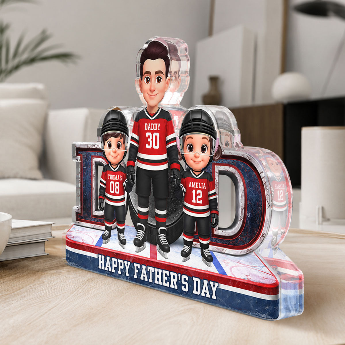 Hockey Dad And Kids Together Front View - Personalized Acrylic Block Plaque - Father's Day Gift For Dad, Husband