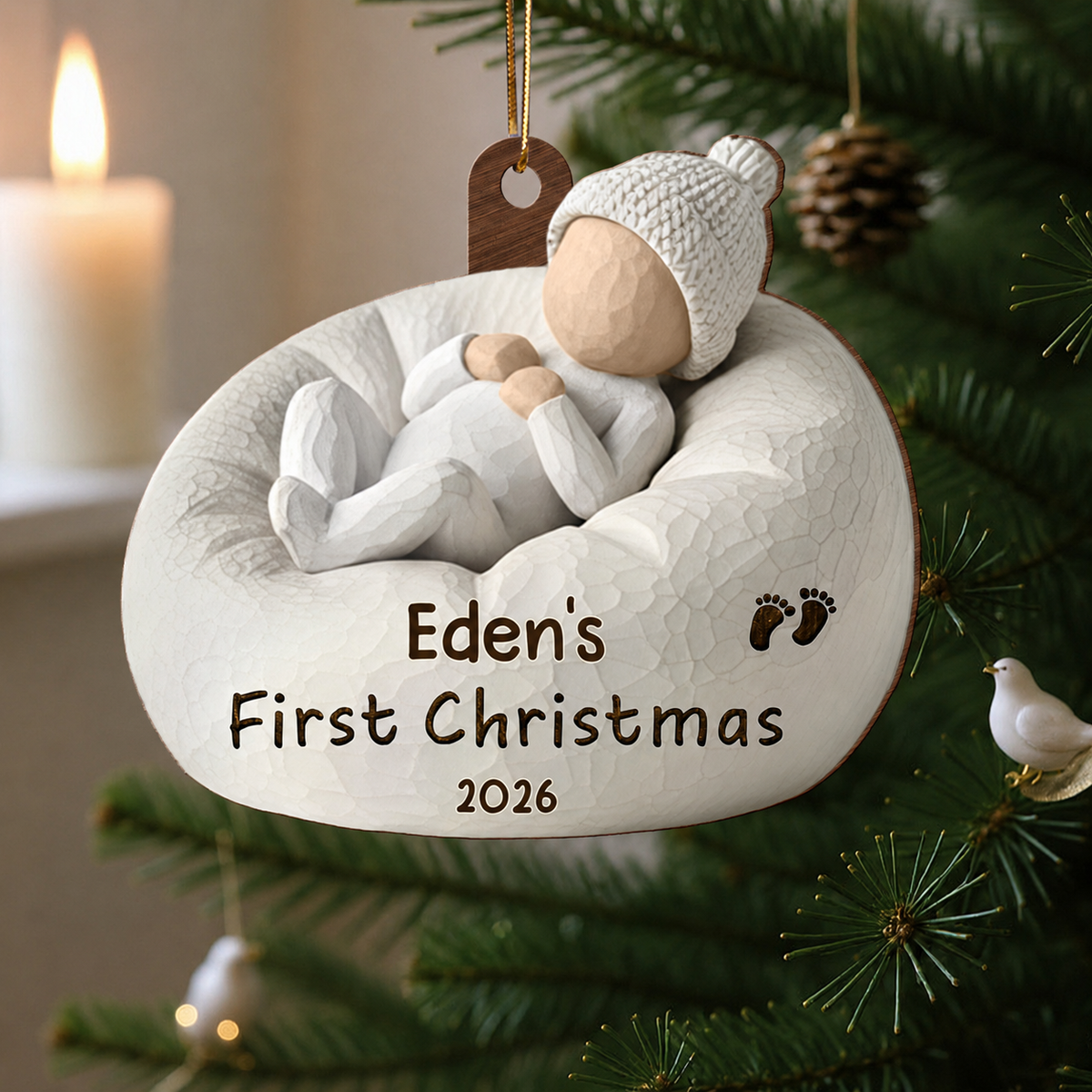 3D Effect Baby's First Christmas Baby On Beanbag Chair - Personalized Wooden Ornament
