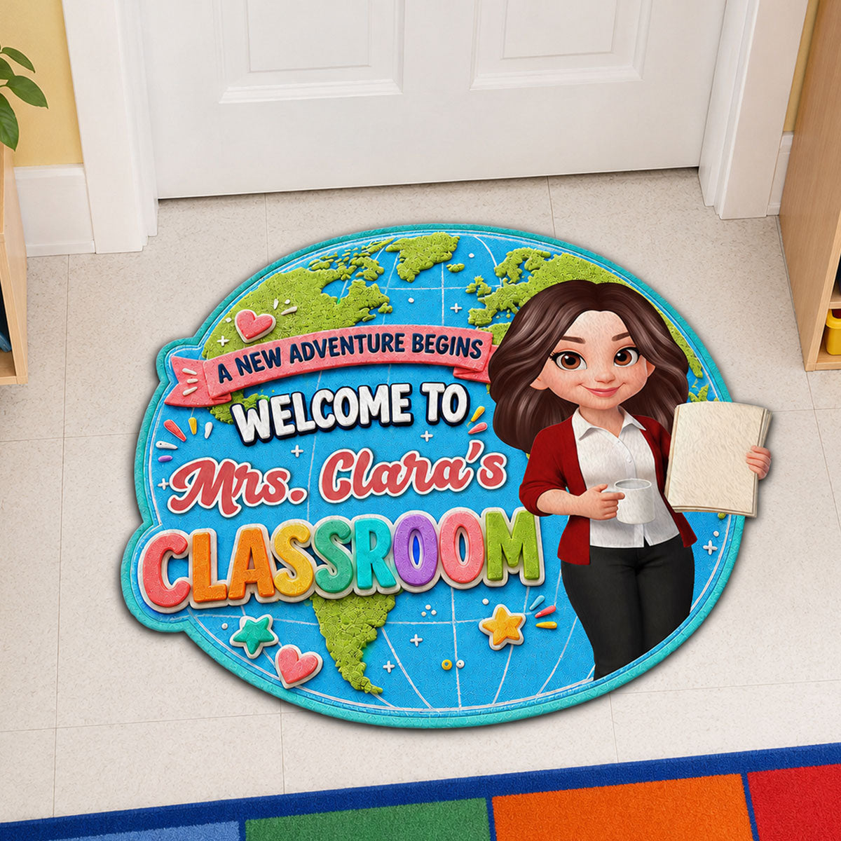 Globe Teacher Welcome To Classroom - Personalized Doormat - Back To School Gift For Teacher, Classroom Decor