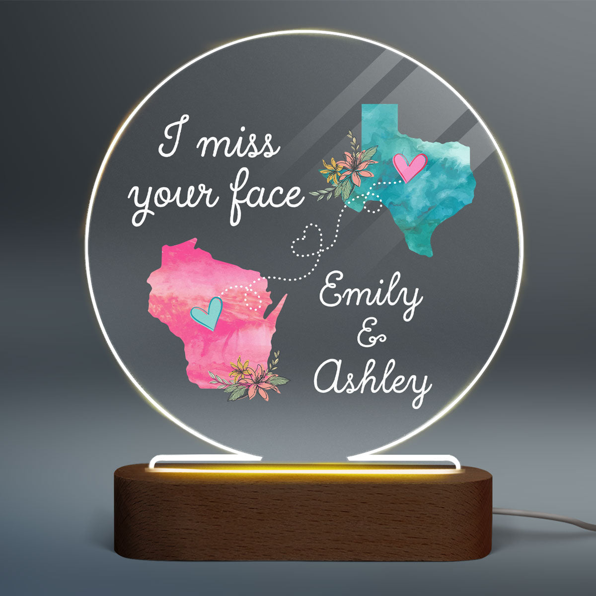 I Miss Your Face Long Distance Gift For Friends Family Personalized Circle Acrylic Plaque LED Lamp Night Light