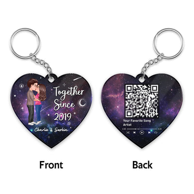 Doll Couple Kissing In Galaxy Night Favorite Song Scannable QR Code Personalized Heart Shape Acrylic Keychain