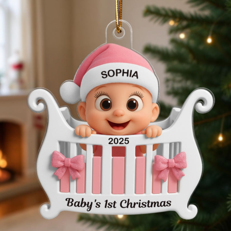 3D Effect Cute Cartoon Baby In Crib Baby's 1st Christmas Personalized Acrylic Flat Ornament