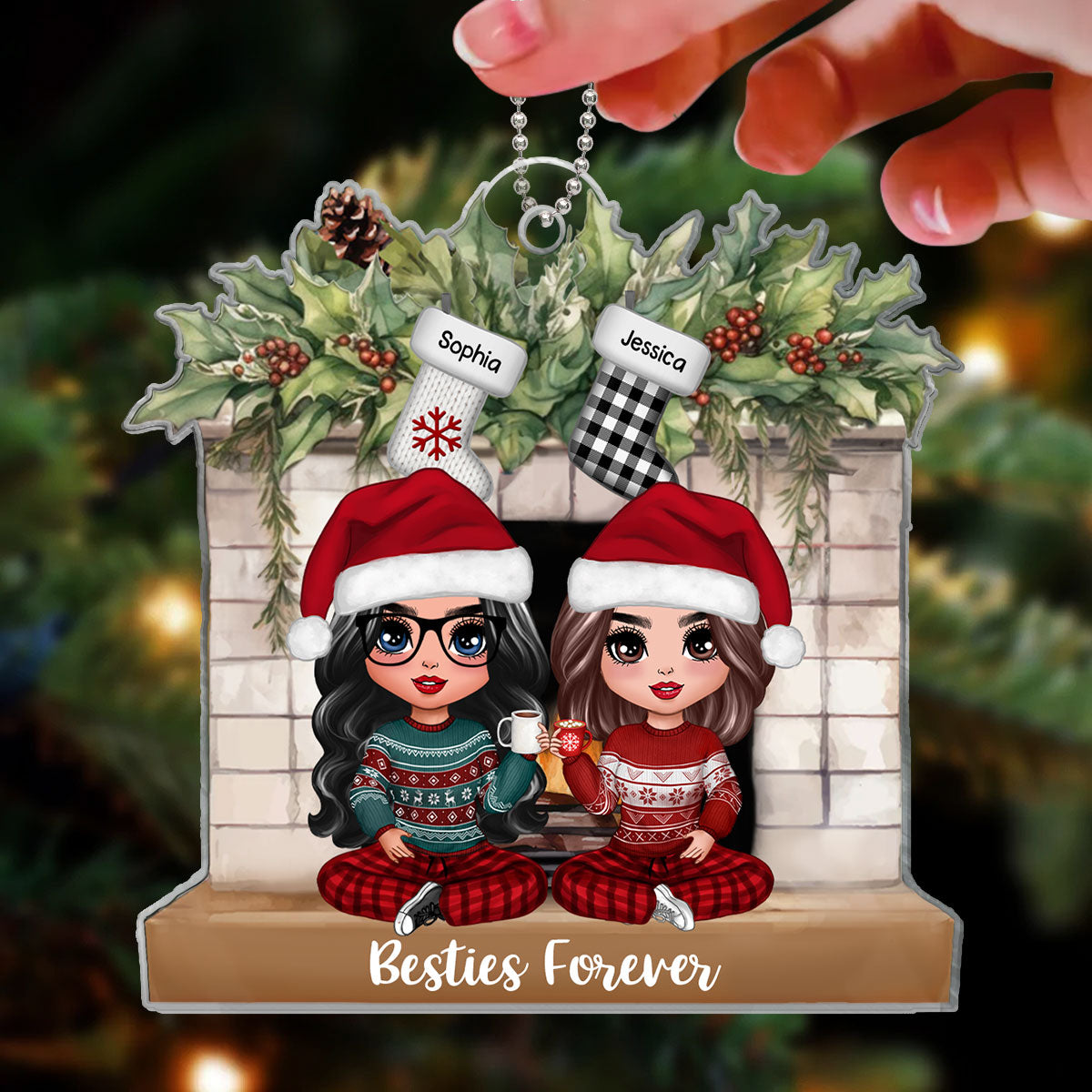 Besties Christmas Socking On Fireplace Personalized Acrylic Ornament