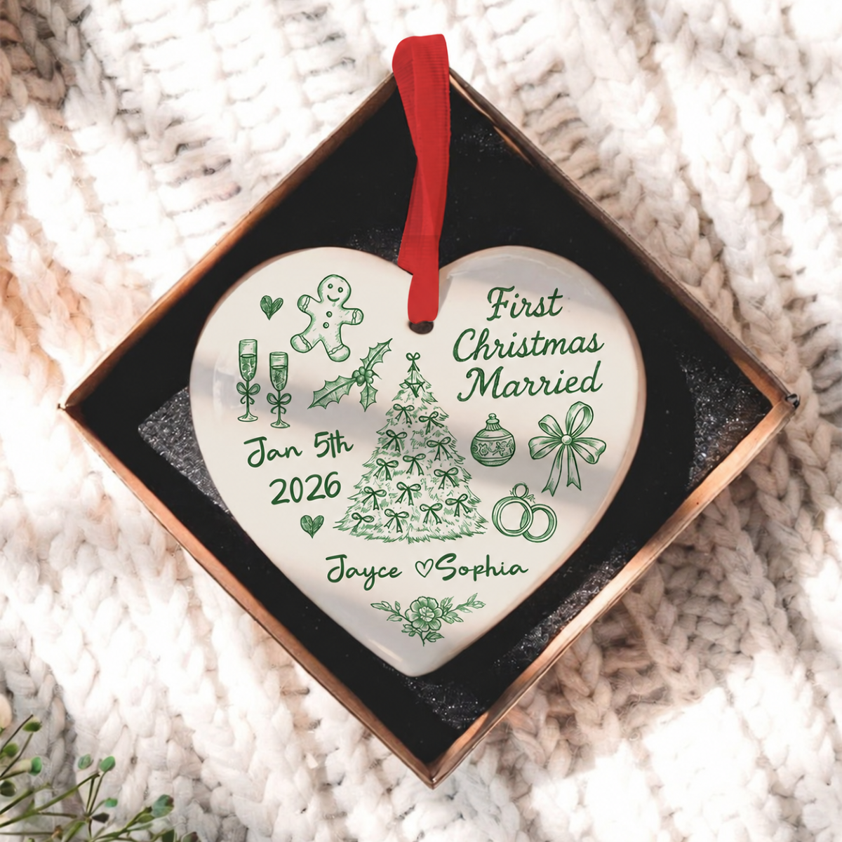 First Christmas Married Toile De Jouy Pattern - Personalized Ceramic Ornament - Christmas Gift For Him, For Her, For Couple
