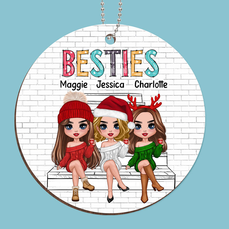 Besties Sisters Sitting Outline Background Personalized Wooden Ornament
