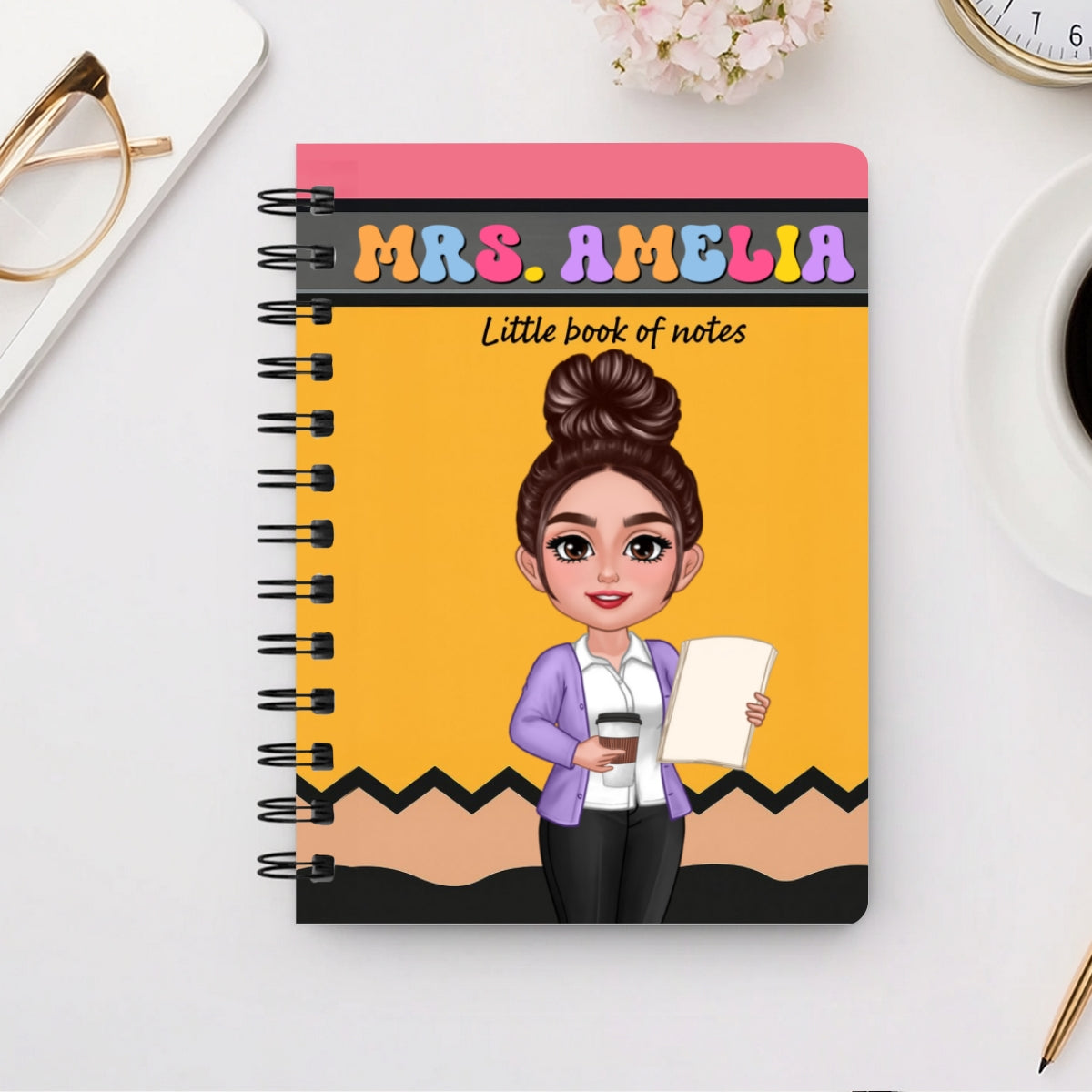 Pencil Themed Teacher With Name Personalized Spiral Notebook Journal, Back To School Stationery