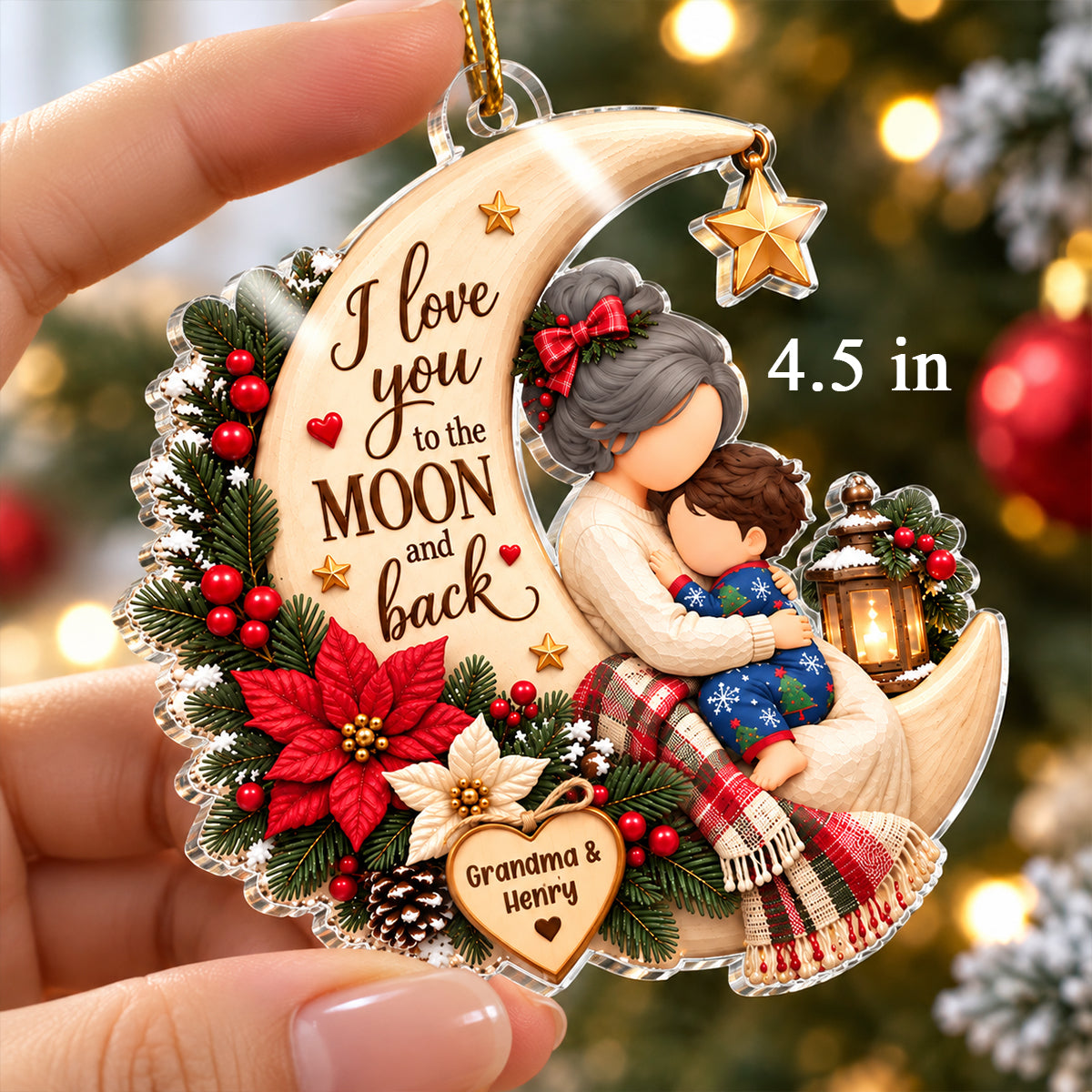 Grandma Loves Grandkid to the Moon and Back - Personalized Acrylic Ornament - Christmas Gift for Granddaughter, Grandson, Grandma