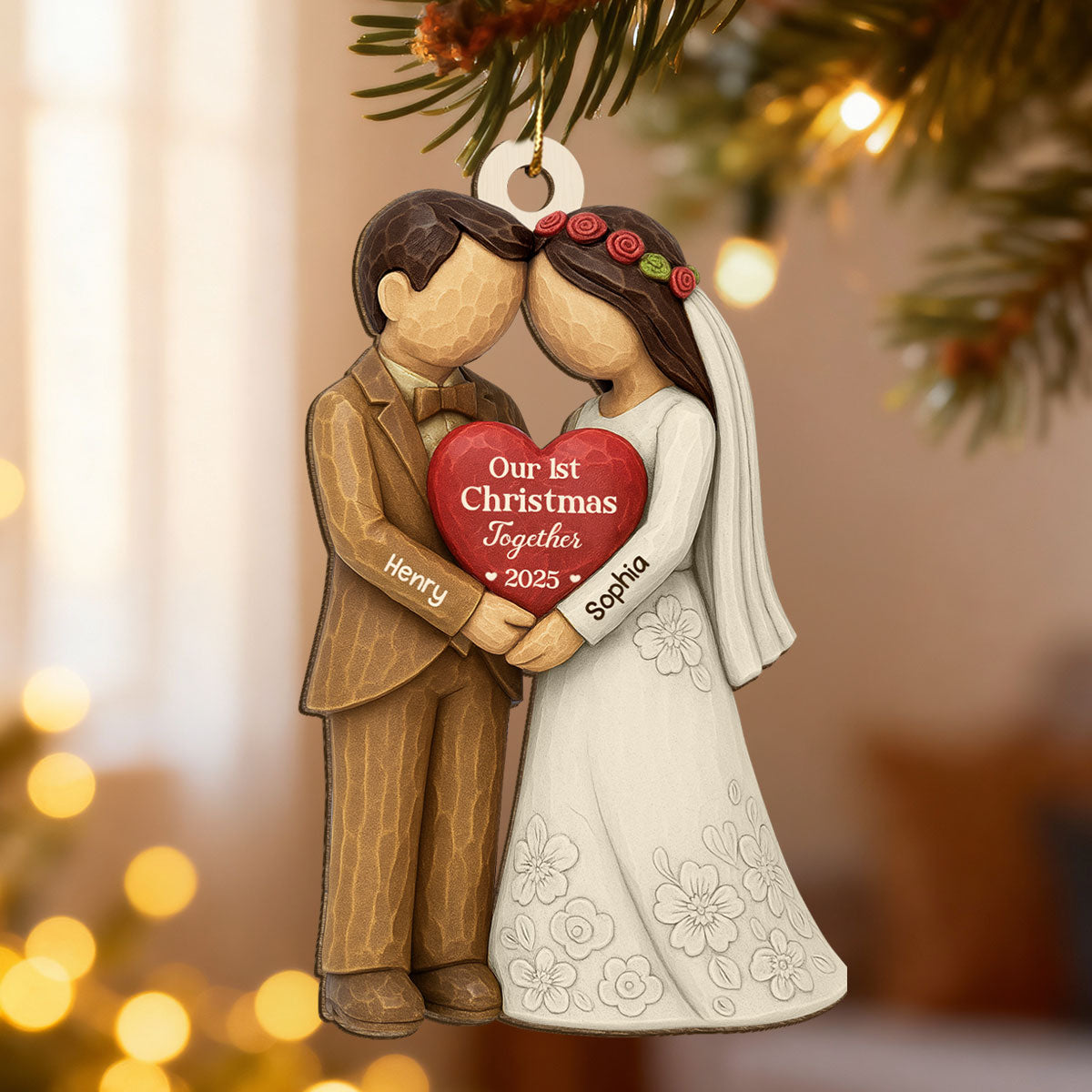 3D Effect First Christmas Married Engaged Couple - Personalized Wooden Ornament - Christmas Gift for her, for him, Newlyweds Gift