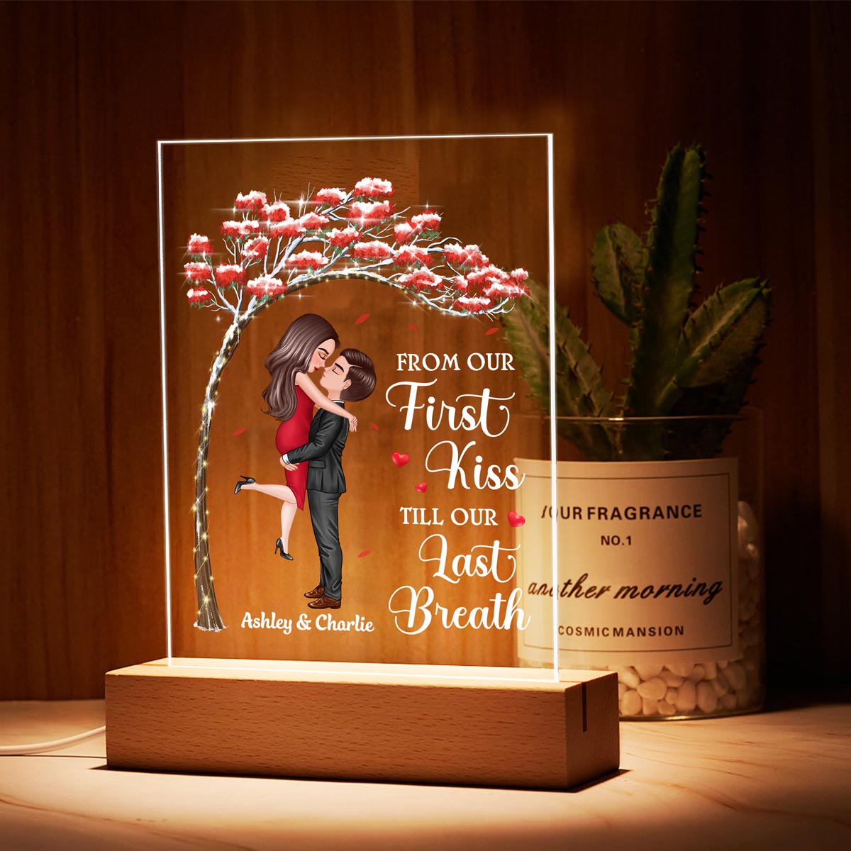 Couple First Kiss Red Tree Personalized LED Night Light, Acrylic LED Lamp