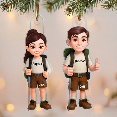 Christmas Boy Girl Hiking - Personalized Acrylic Ornament - Gift For Hiking Lovers, Hikers, Campers, Trekking Mountain, National Park Lovers, Grandson, Granddaughter