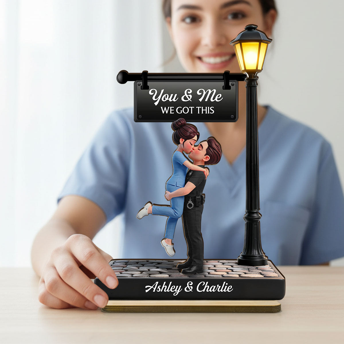 Proud Hero Couple Under Lamp Post - Personalized 2-Layered Wooden Plaque - Valentine's Day Gift For Couple, For Him, For Her, Nurse, Police, Firefighter, Army