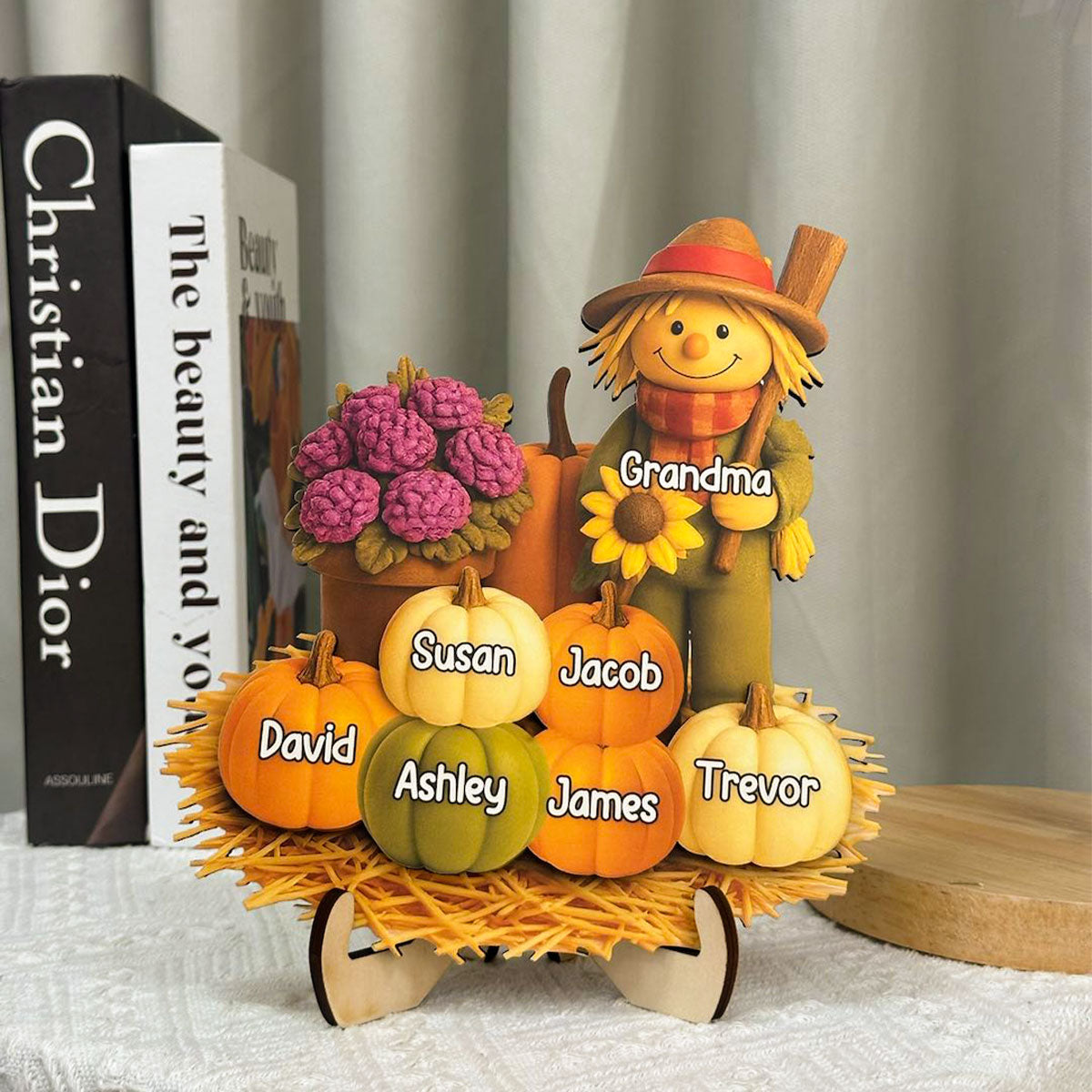 Fall Scarecrow Grandma with Pumpkins Grandkids Names 3D Effect Personalized 2-Layer Wooden Plaque