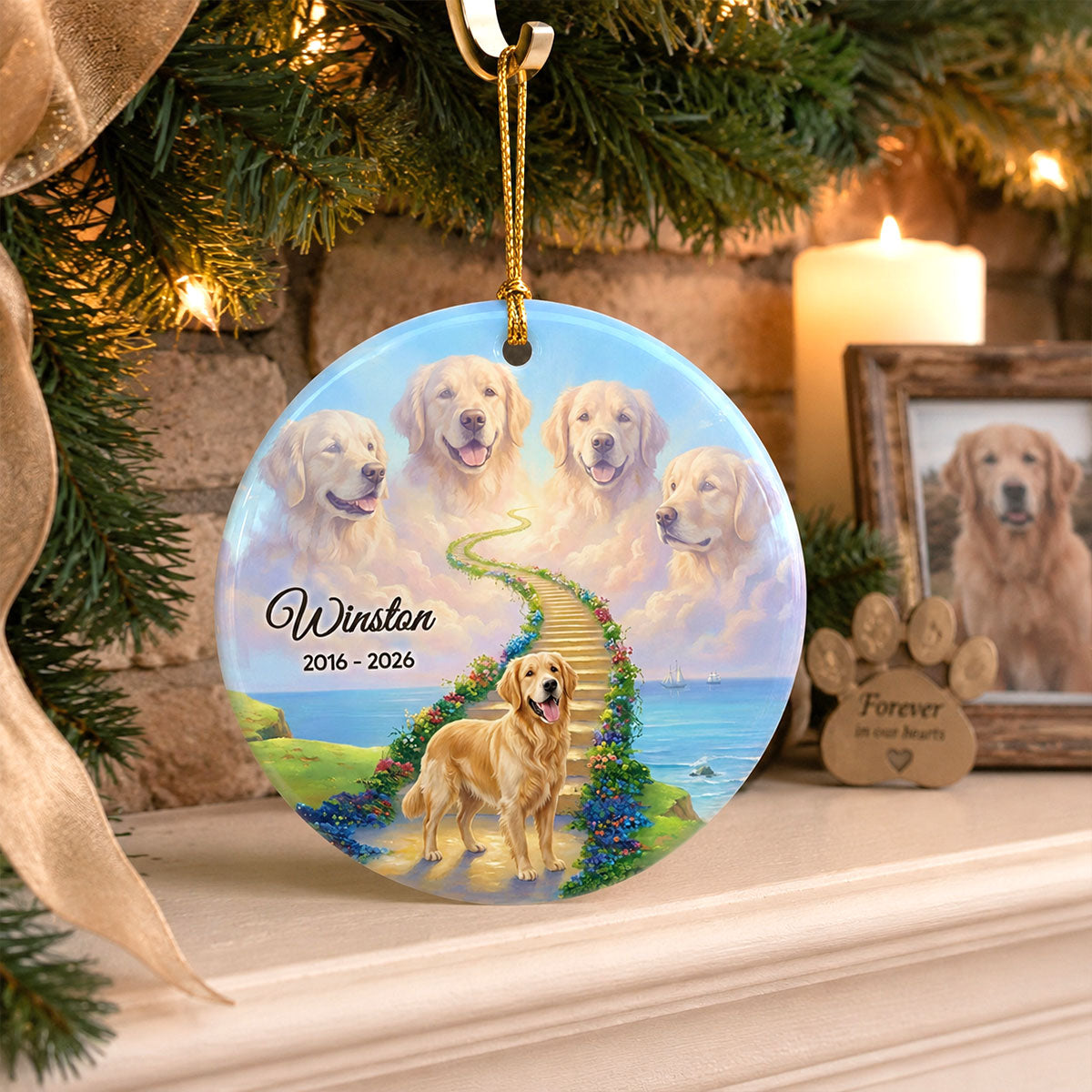 Pet Memorial Stairway To Heaven - Personalized Ceramic Ornament - Custom Pet Photo, Pet Loss Gift, Sympathy Gift