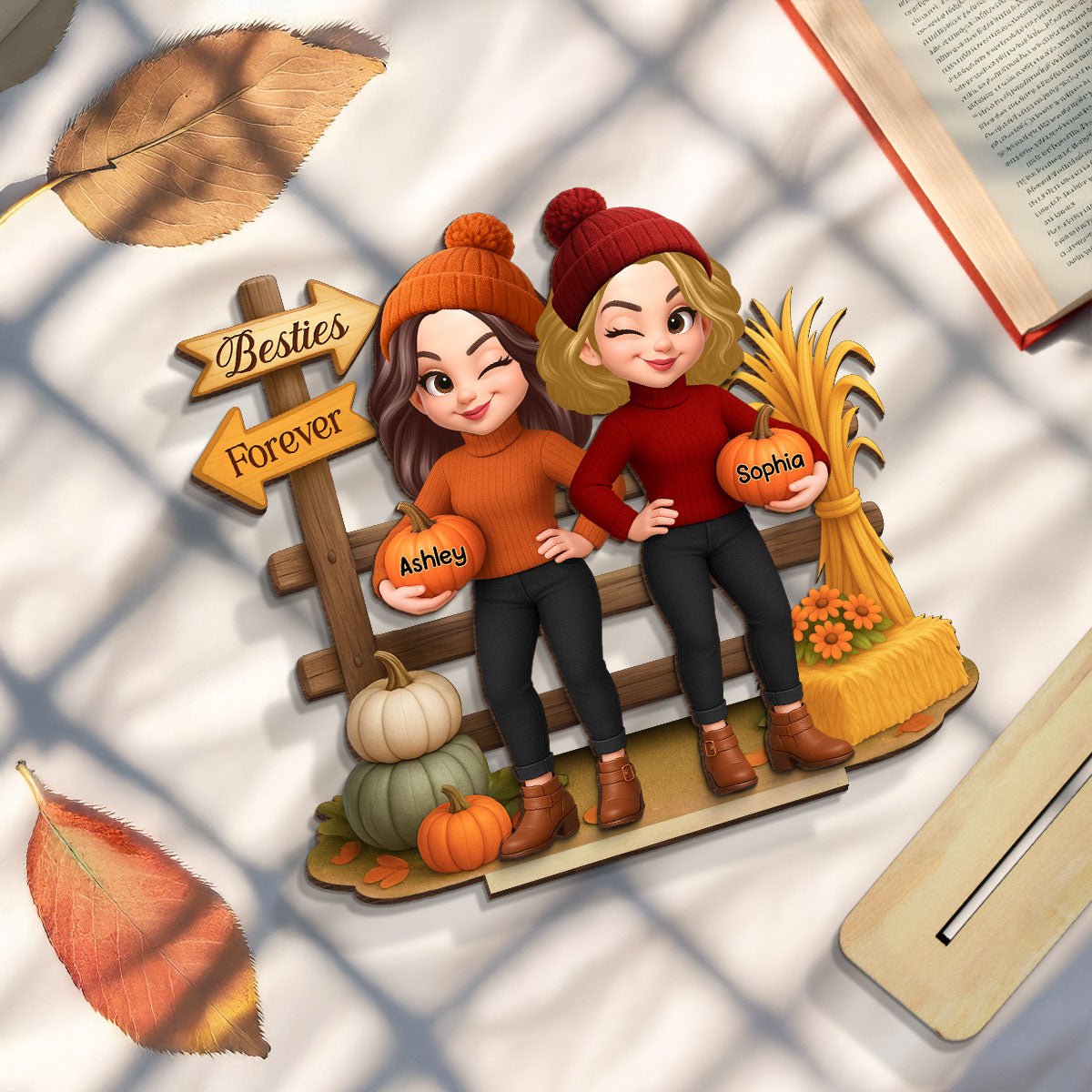 Besties Sisters Fall Season Fence Pumpkin Patch Personalized Standing Wooden Plaque