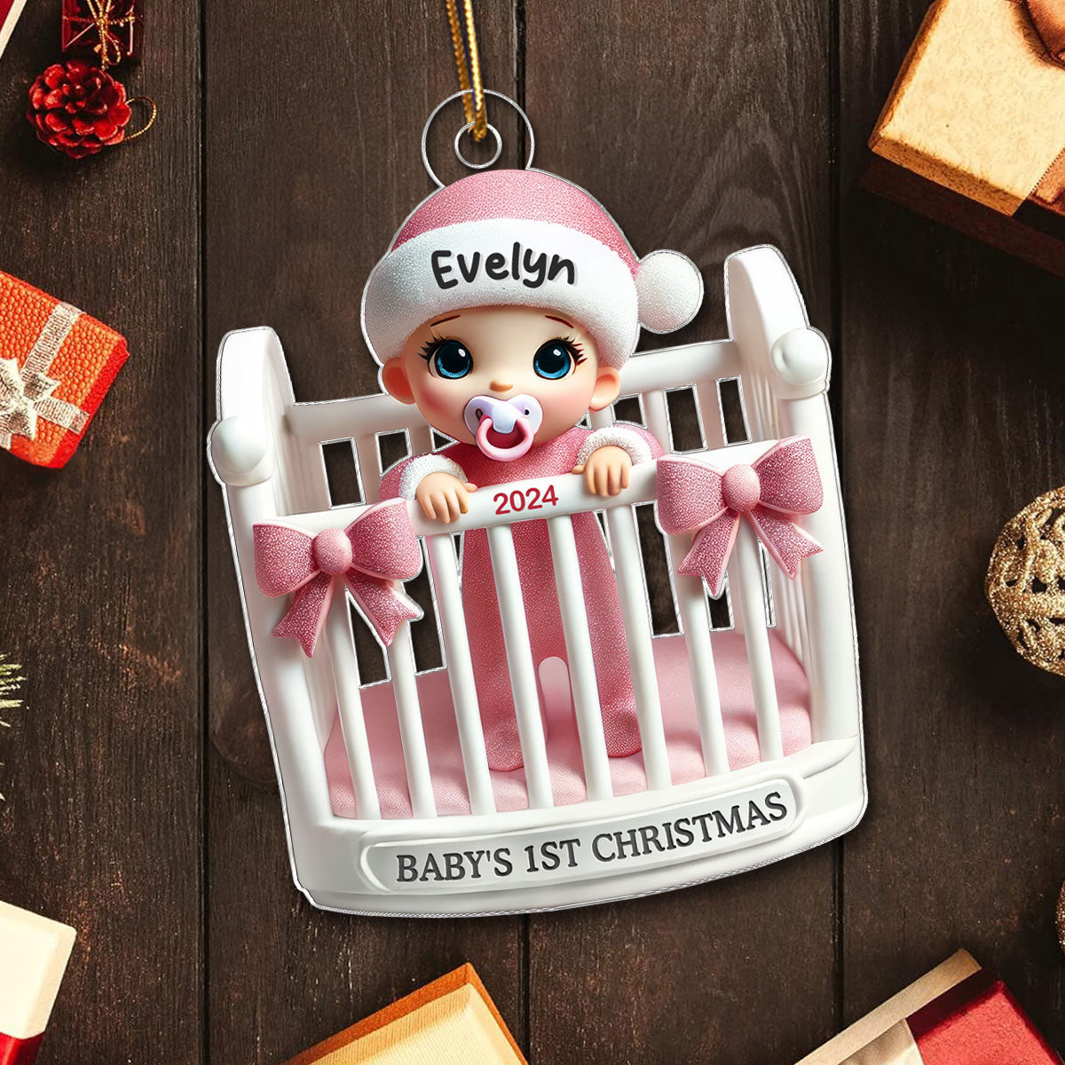 Baby Inside Crib 3D Effect Baby's First Christmas Personalized Acrylic Flat Ornament