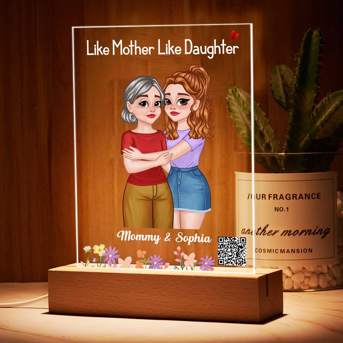Like Mother Like Daughter Cartoon Hugging Mom Daughter Favorite Song QR Code Personalized Rectangle Acrylic Plaque With LED Night Light