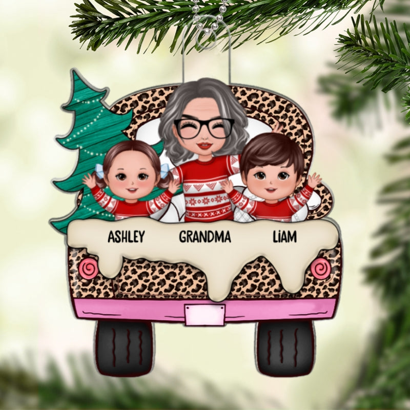 Leopard Christmas Truck Happy Doll Grandma Grankids Personalized Acrylic Ornament