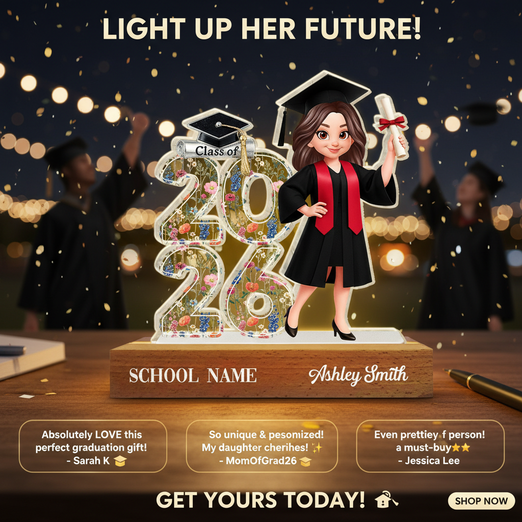 Class Of 2026 2027 Senior Floral - Personalized Acrylic Block LED Night Light - Graduation Gift For Graduates, Daughter