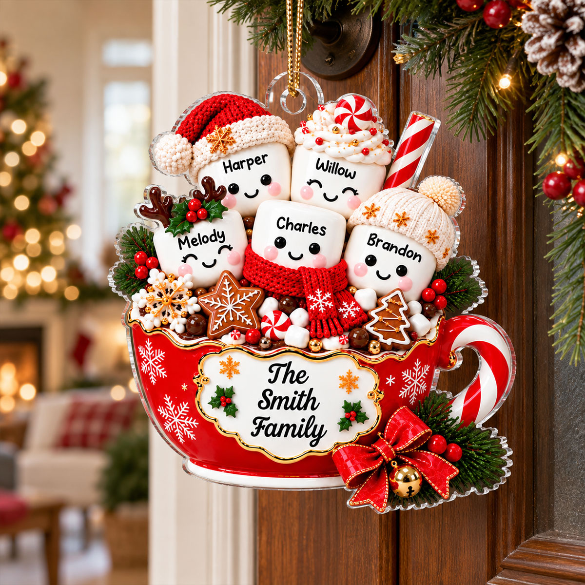 Hot Cocoa Marshmallow Family 2D Flat - Personalized Acrylic Ornament - Custom Names Family Gift